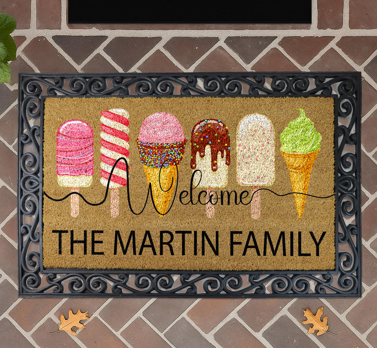 Personalized Ice Cream Welcome Mat, Custom Family Name Popsicle Doormat