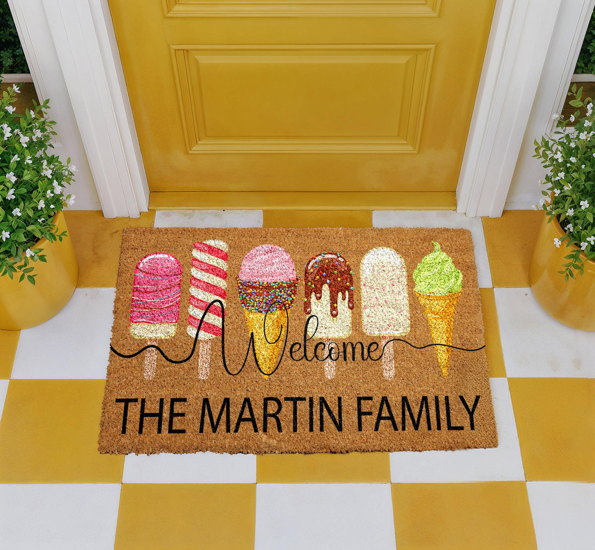 Personalized Ice Cream Welcome Mat, Custom Family Name Popsicle Doormat