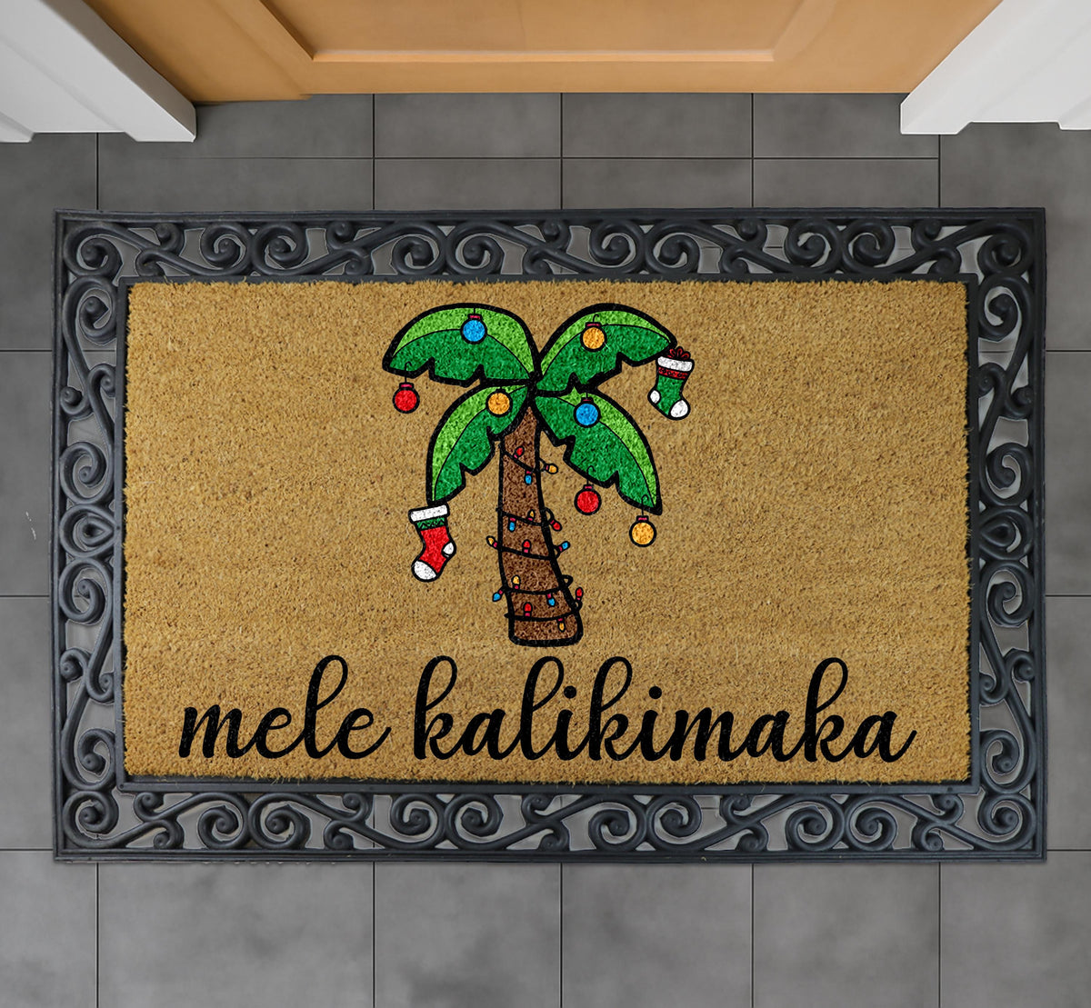 Mele Kalikimaka Doormat, Hawaiian Christmas Welcome Mat, Palm Tree Holiday Front Porch Rug