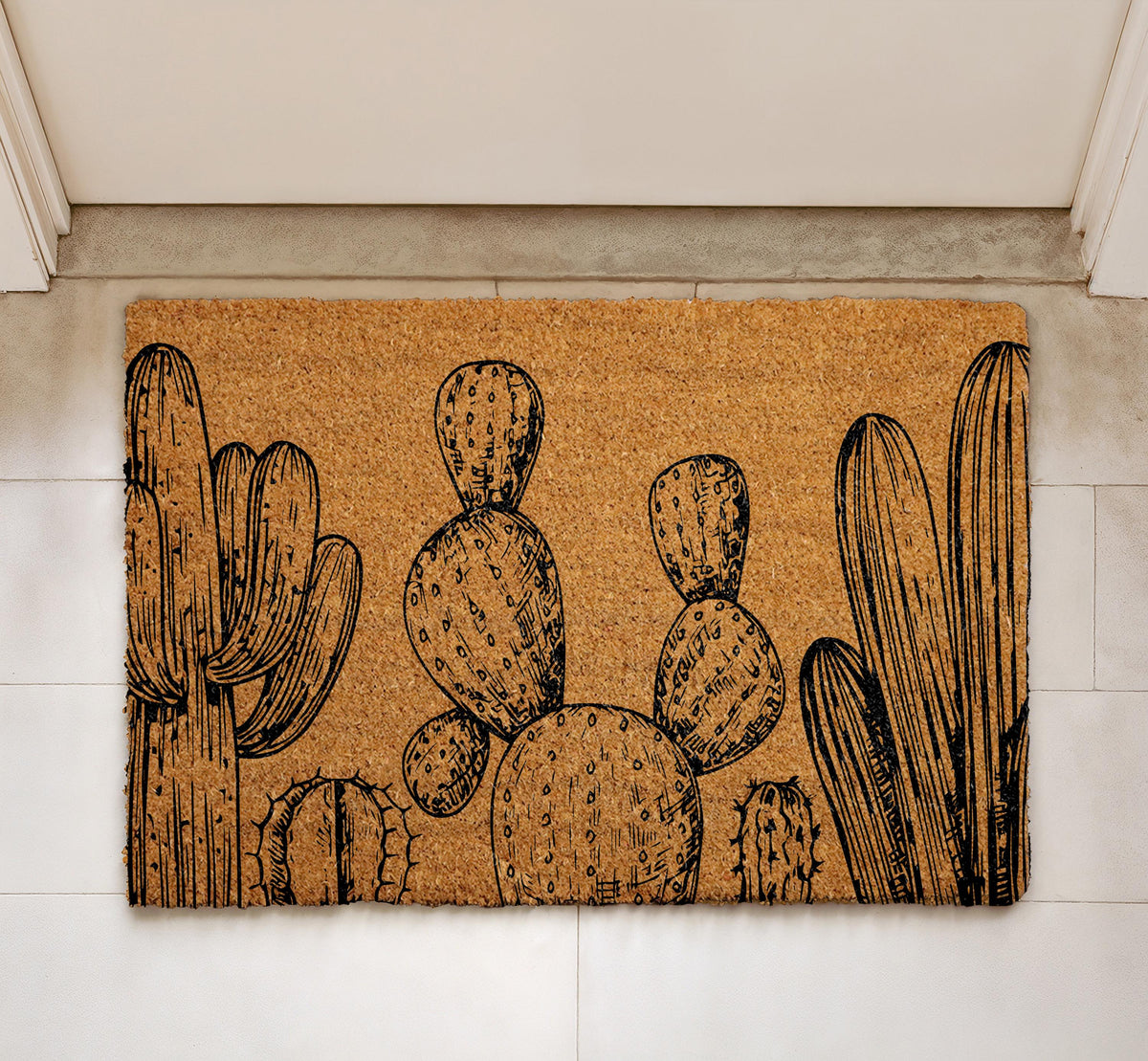 Cactus Coir Doormat, Desert Plant Welcome Mat, Southwest Home Decor, Hand-Drawn Cactus Door Mat
