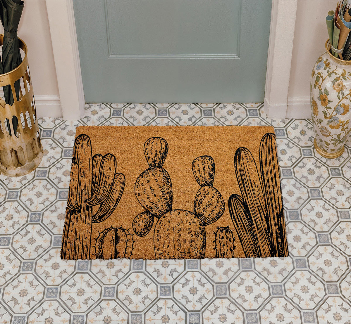Cactus Coir Doormat, Desert Plant Welcome Mat, Southwest Home Decor, Hand-Drawn Cactus Door Mat