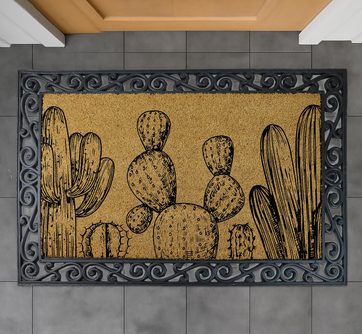 Cactus Coir Doormat, Desert Plant Welcome Mat, Southwest Home Decor, Hand-Drawn Cactus Door Mat