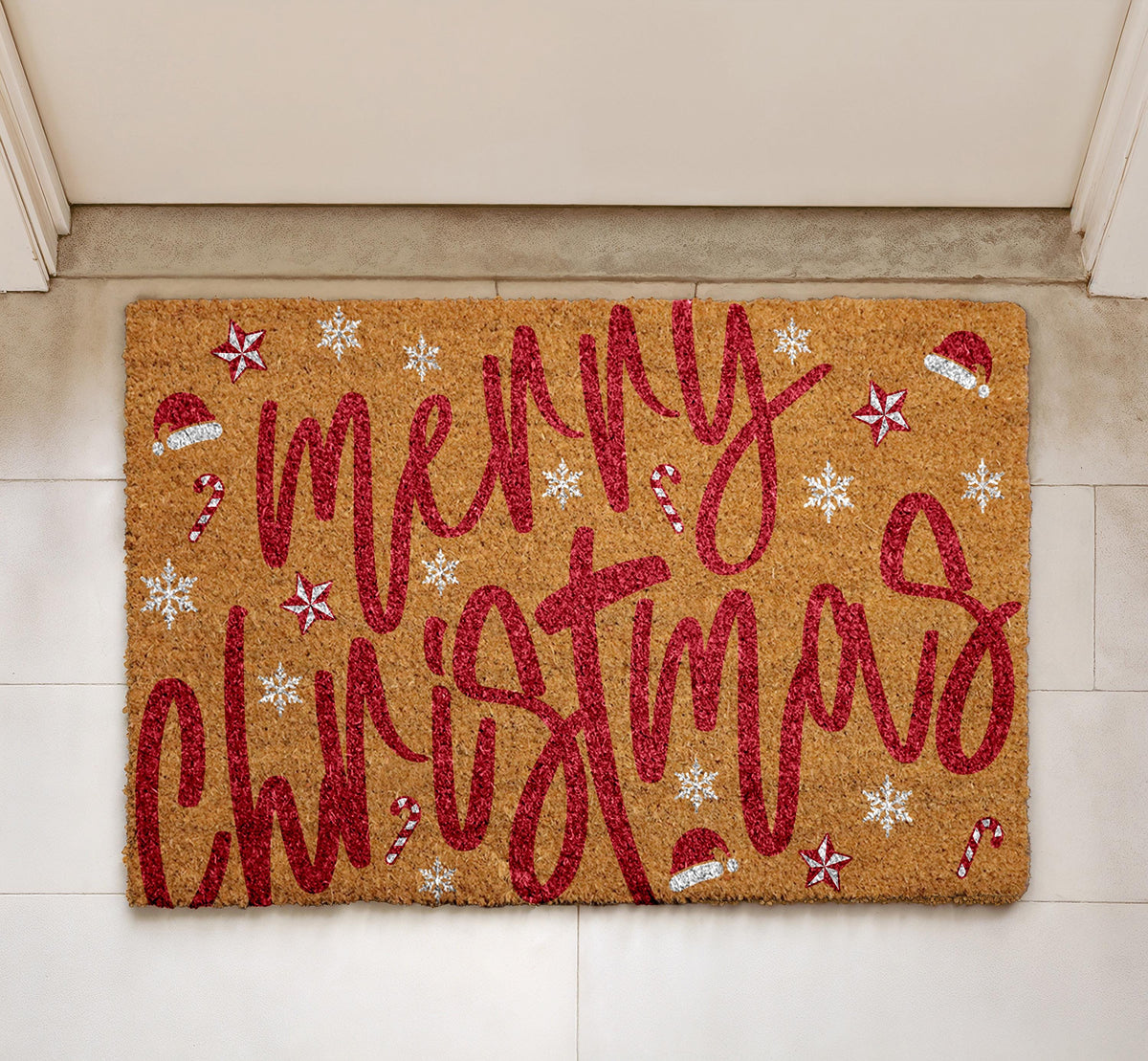 Merry Christmas Santa Vibe Doormat, Santa Hat & Candy Cane Pattern Welcome Mat