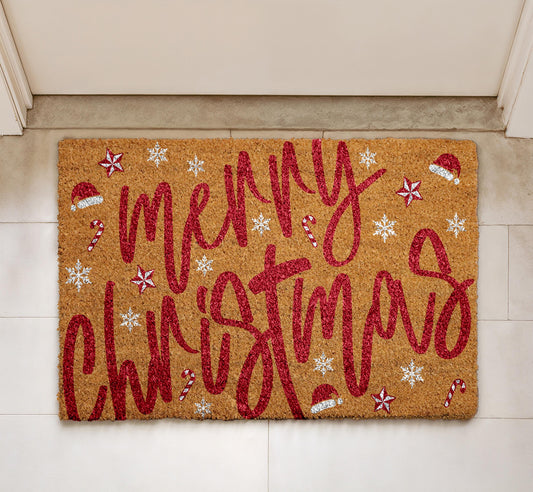 Merry Christmas Santa Vibe Doormat, Santa Hat & Candy Cane Pattern Welcome Mat