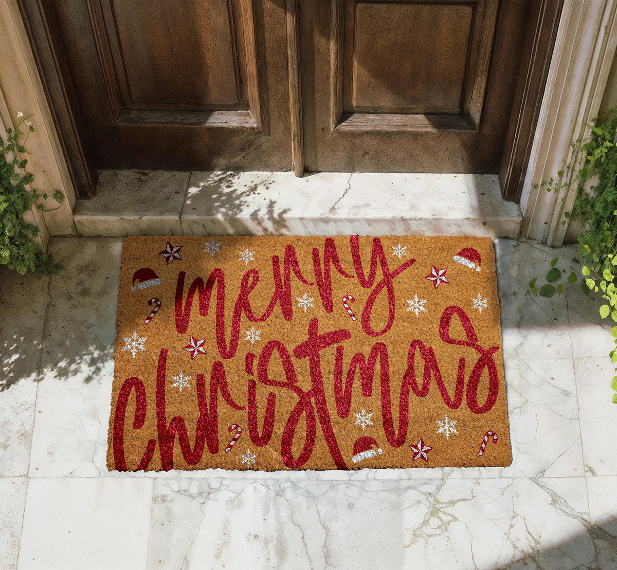 Merry Christmas Santa Vibe Doormat, Santa Hat & Candy Cane Pattern Welcome Mat