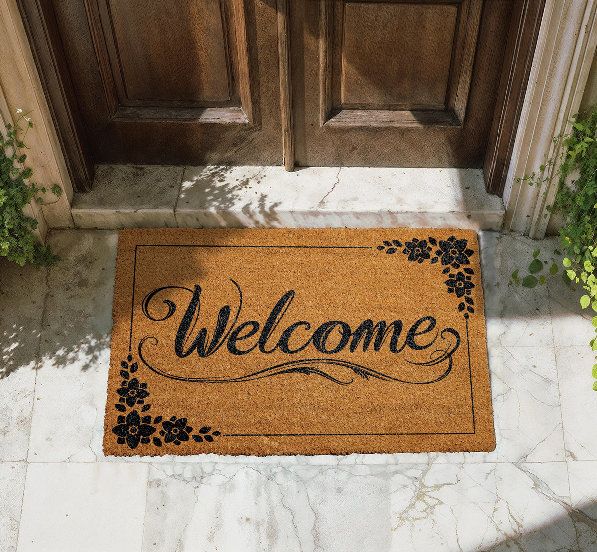 Personalized Coir Doormat, Floral Welcome Entrance Rug, Custom Family Name Home Decor