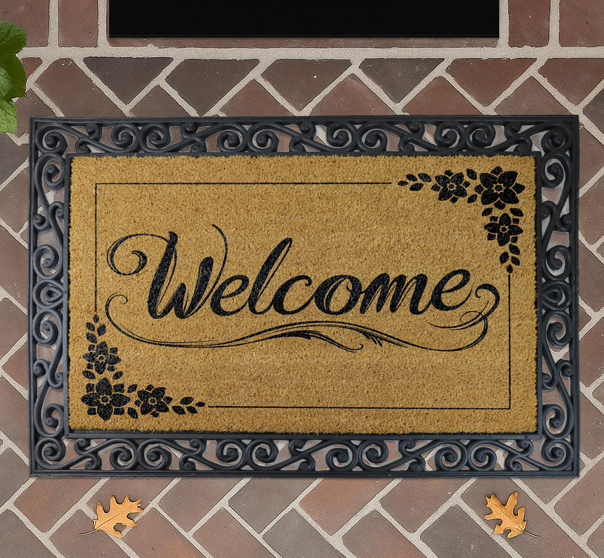 Personalized Coir Doormat, Floral Welcome Entrance Rug, Custom Family Name Home Decor