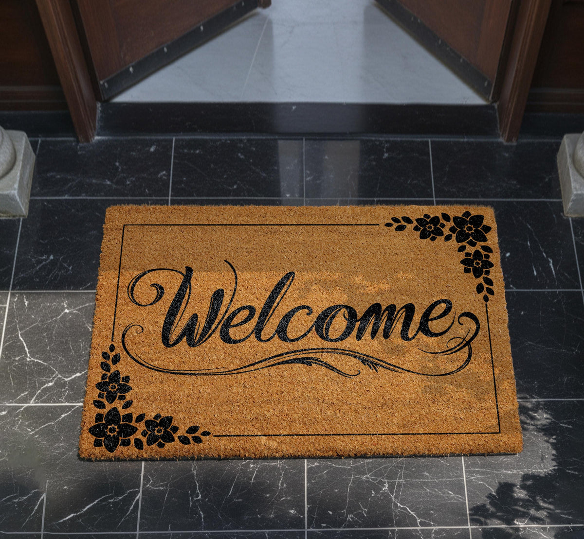 Personalized Coir Doormat, Floral Welcome Entrance Rug, Custom Family Name Home Decor