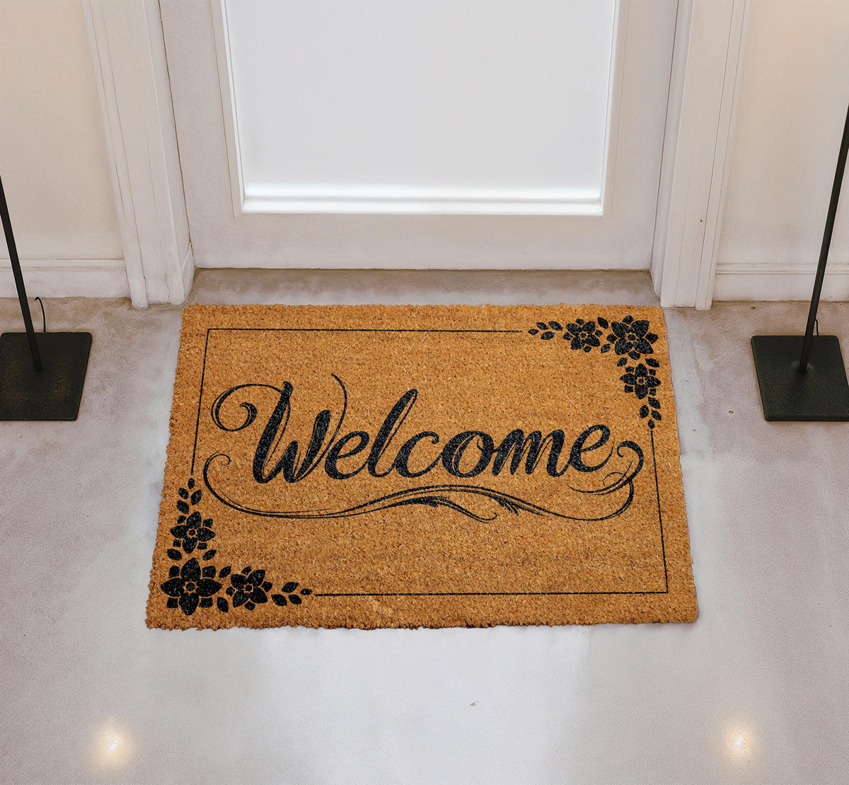 Personalized Coir Doormat, Floral Welcome Entrance Rug, Custom Family Name Home Decor