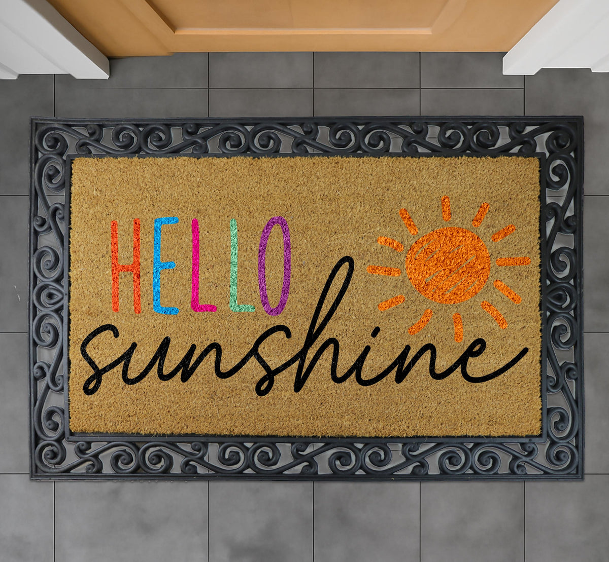 Hello Sunshine Welcome Mat, Cheerful Summer Coco Doormat, Bright Sunshine Natural Coir Door mat