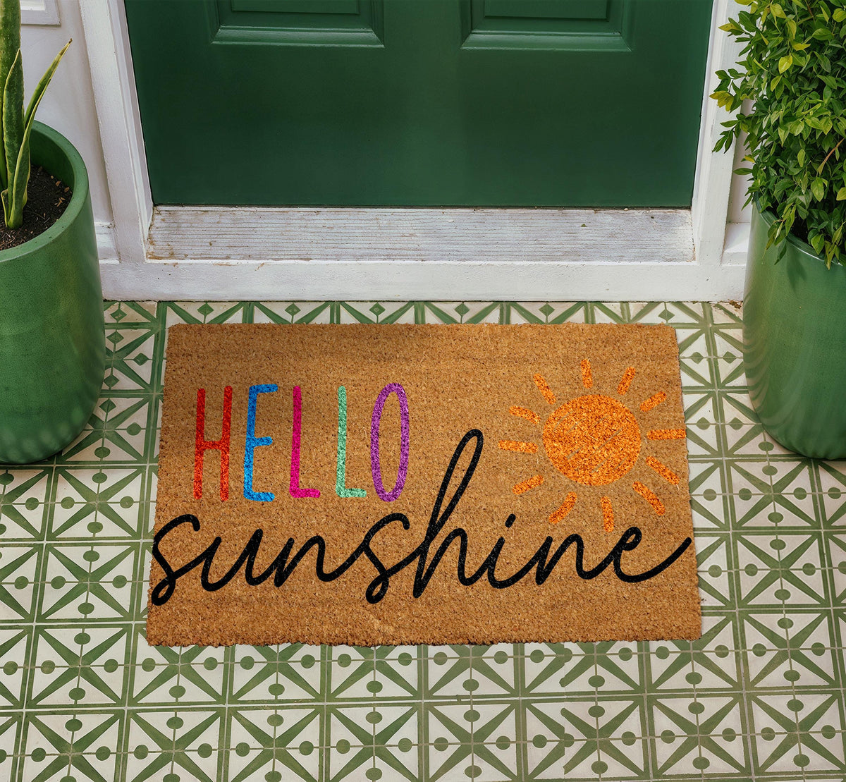 Hello Sunshine Welcome Mat, Cheerful Summer Coco Doormat, Bright Sunshine Natural Coir Door mat