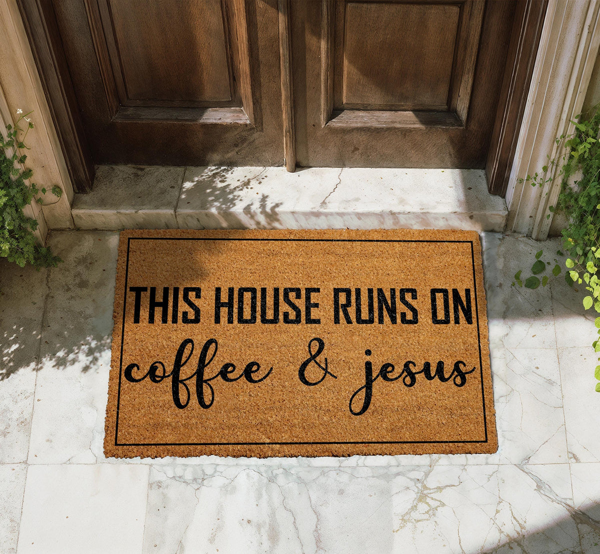 Coffee and Jesus Welcome Mat - Rustic Christian Entryway Rug, Religious Home Decor