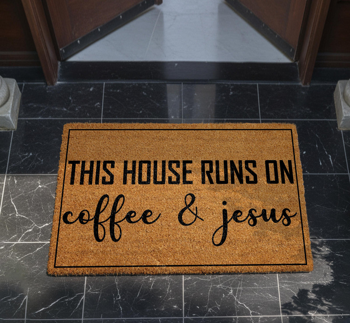 Coffee and Jesus Welcome Mat - Rustic Christian Entryway Rug, Religious Home Decor