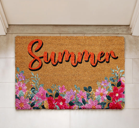 Summer Floral Doormat, Happy Summer Welcome Mat, Colorful Flowers Farmhouse Rug