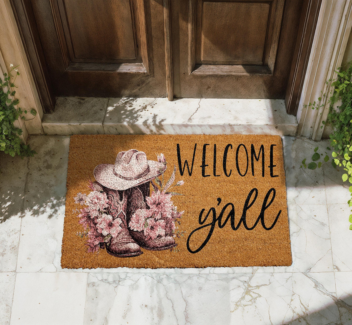 Welcome Y'all Doormat, Pink Cowboy Boots and Hat Welcome Mat, Western Theme Home Decor