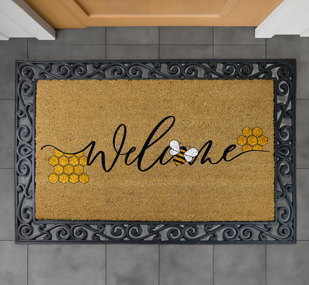 Welcome Bee Doormat, Bee Happy Welcome Mat, Bumblebee Front Porch Coir Rug