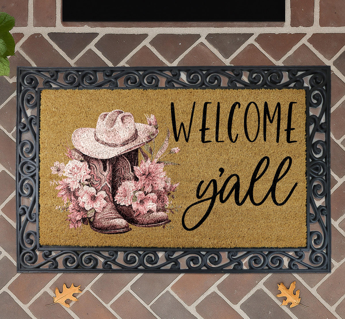 Welcome Y'all Doormat, Pink Cowboy Boots and Hat Welcome Mat, Western Theme Home Decor