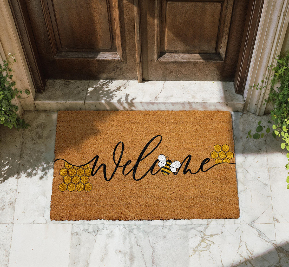 Welcome Bee Doormat, Bee Happy Welcome Mat, Bumblebee Front Porch Coir Rug