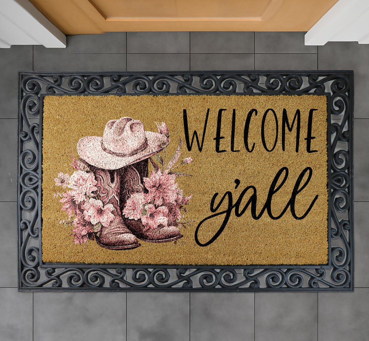 Welcome Y'all Doormat, Pink Cowboy Boots and Hat Welcome Mat, Western Theme Home Decor
