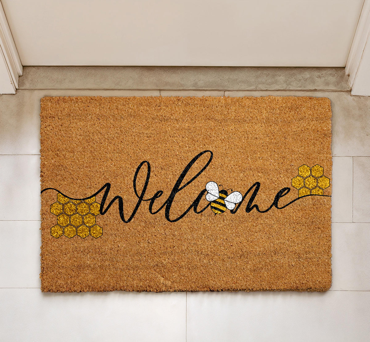 Welcome Bee Doormat, Bee Happy Welcome Mat, Bumblebee Front Porch Coir Rug