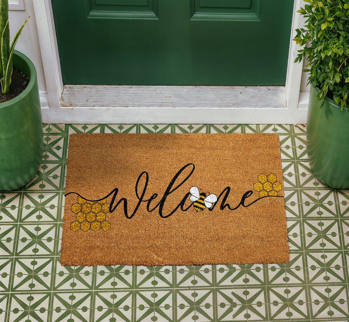 Welcome Bee Doormat, Bee Happy Welcome Mat, Bumblebee Front Porch Coir Rug