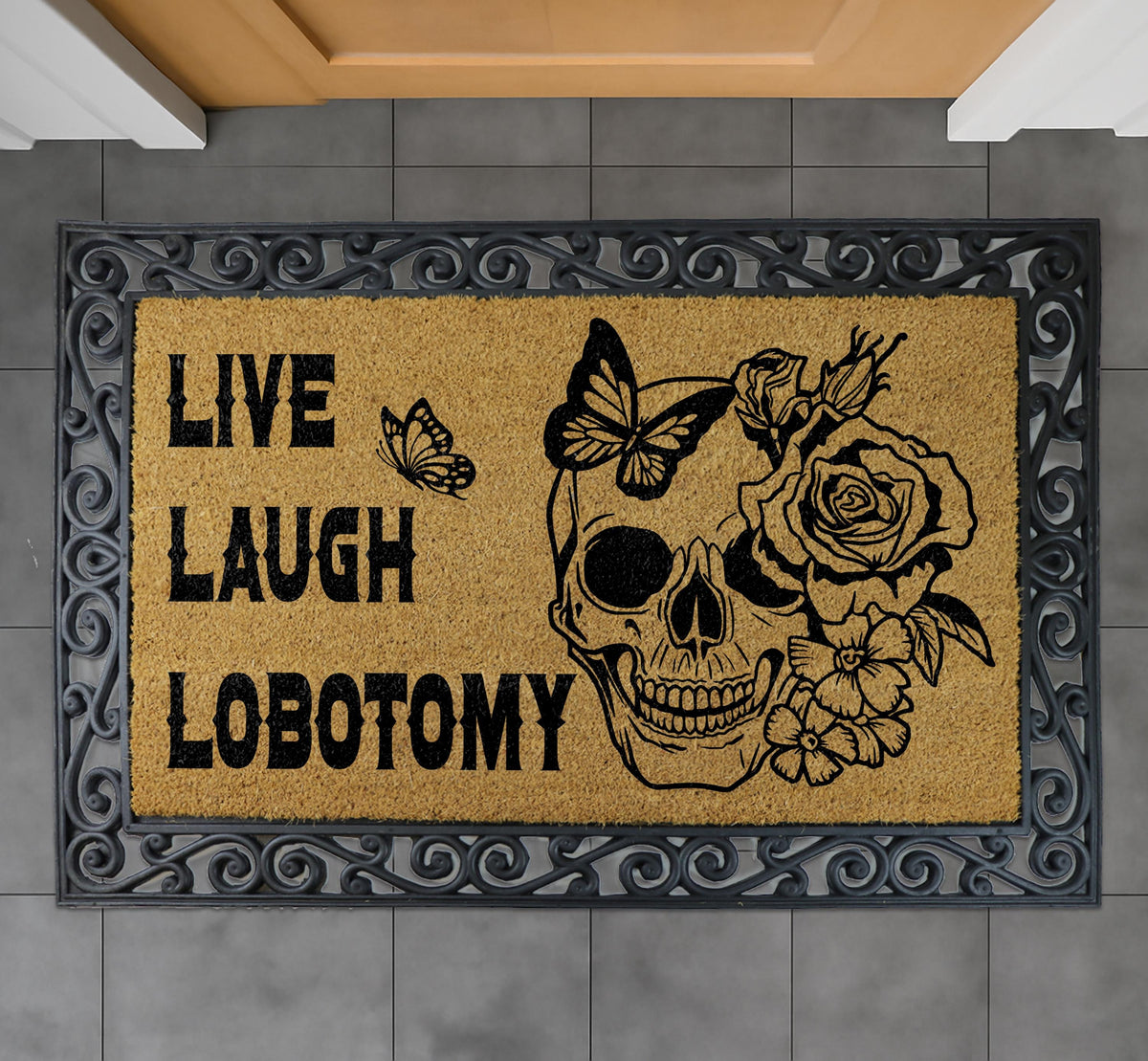 Live Laugh Lobotomy Doormat, Gothic Skull Welcome Mat, Halloween Gift, Spooky Season Decor