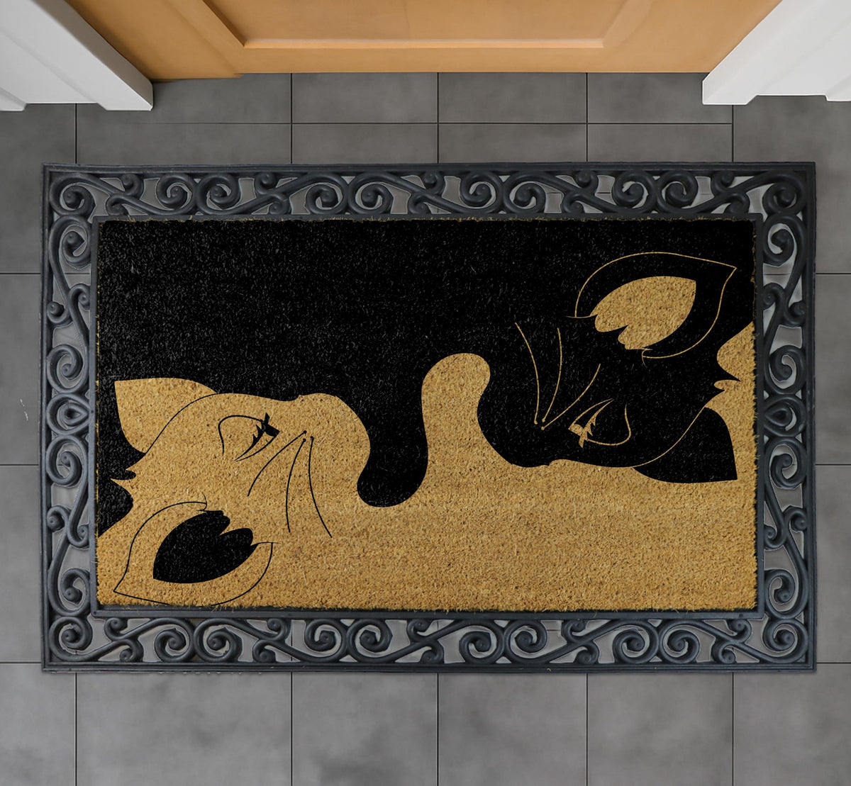 Black White Cat Faces Coir Doormat, Natural Fiber Welcome Mat