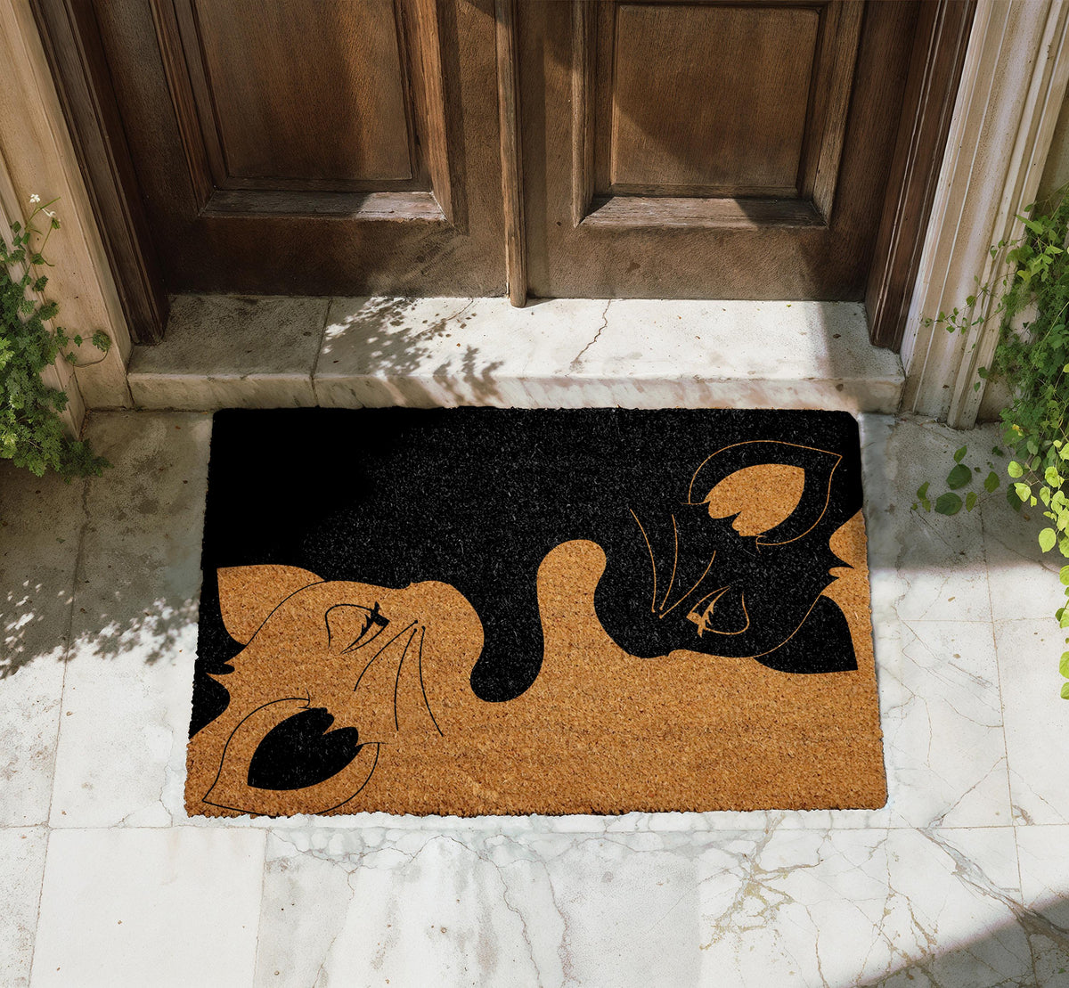 Black White Cat Faces Coir Doormat, Natural Fiber Welcome Mat
