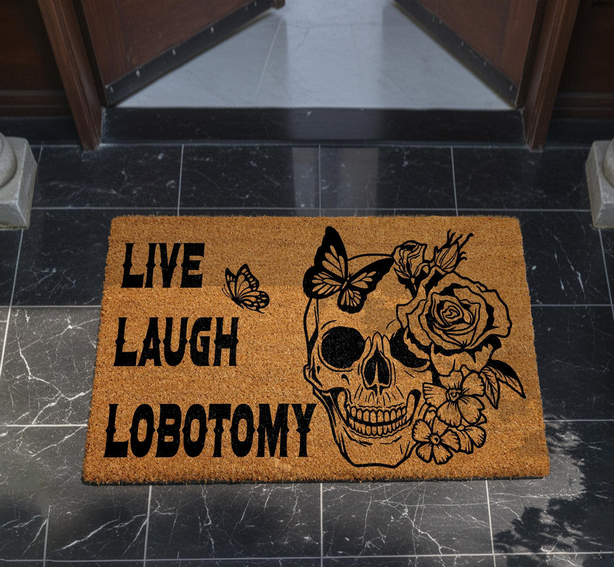Live Laugh Lobotomy Doormat, Gothic Skull Welcome Mat, Halloween Gift, Spooky Season Decor