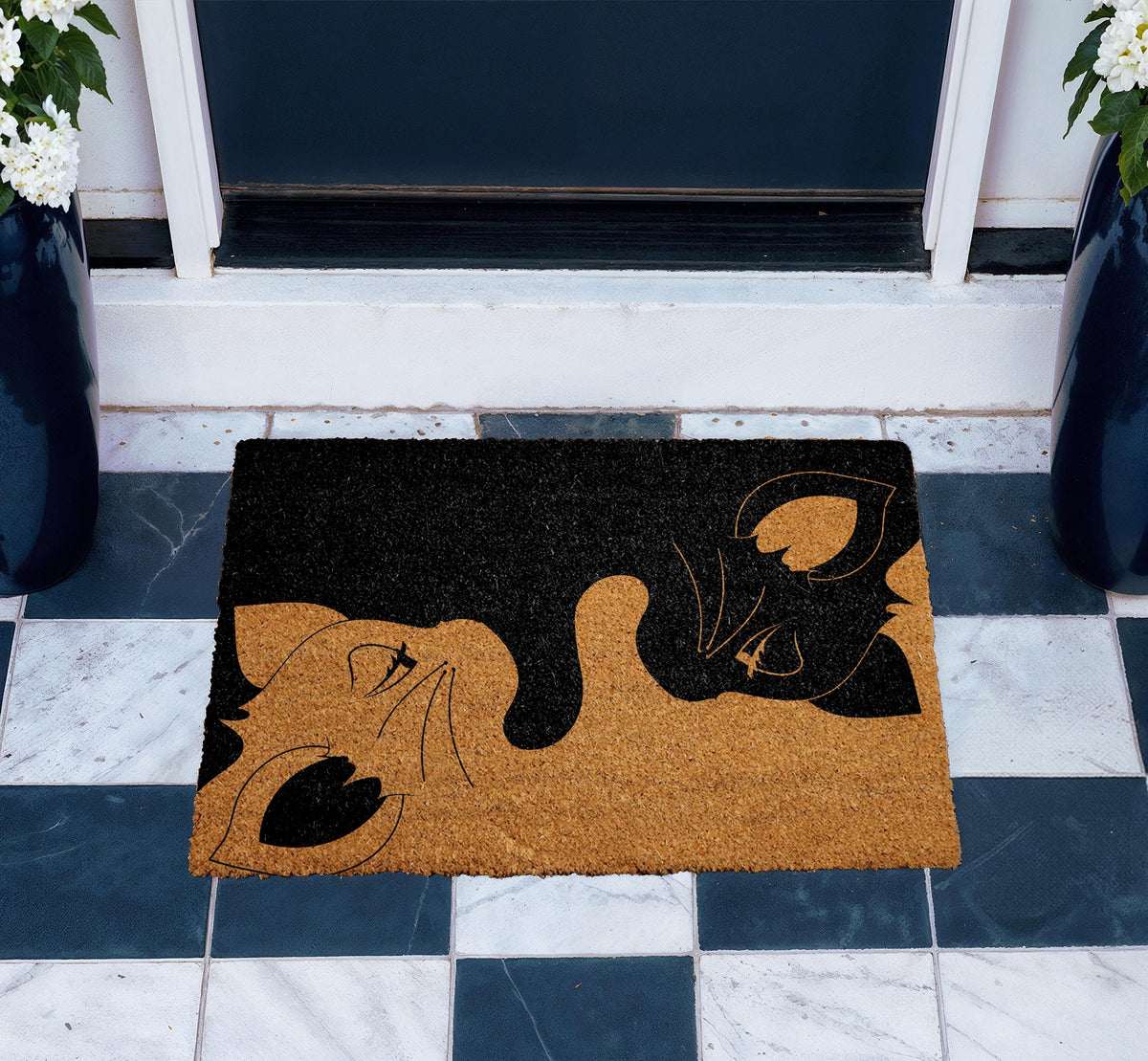 Black White Cat Faces Coir Doormat, Natural Fiber Welcome Mat