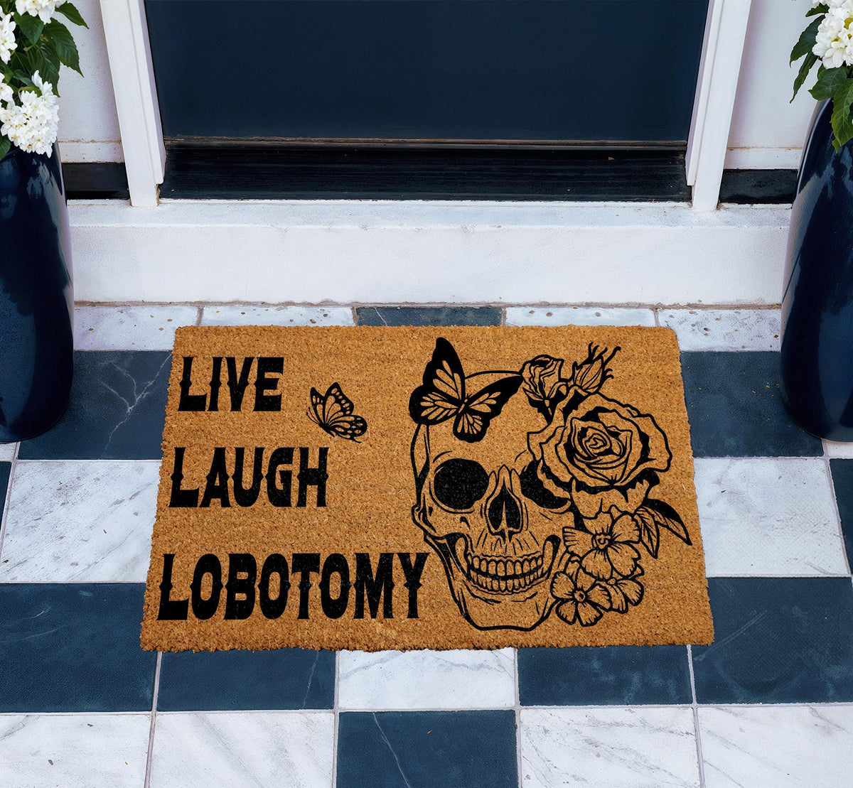 Live Laugh Lobotomy Doormat, Gothic Skull Welcome Mat, Halloween Gift, Spooky Season Decor