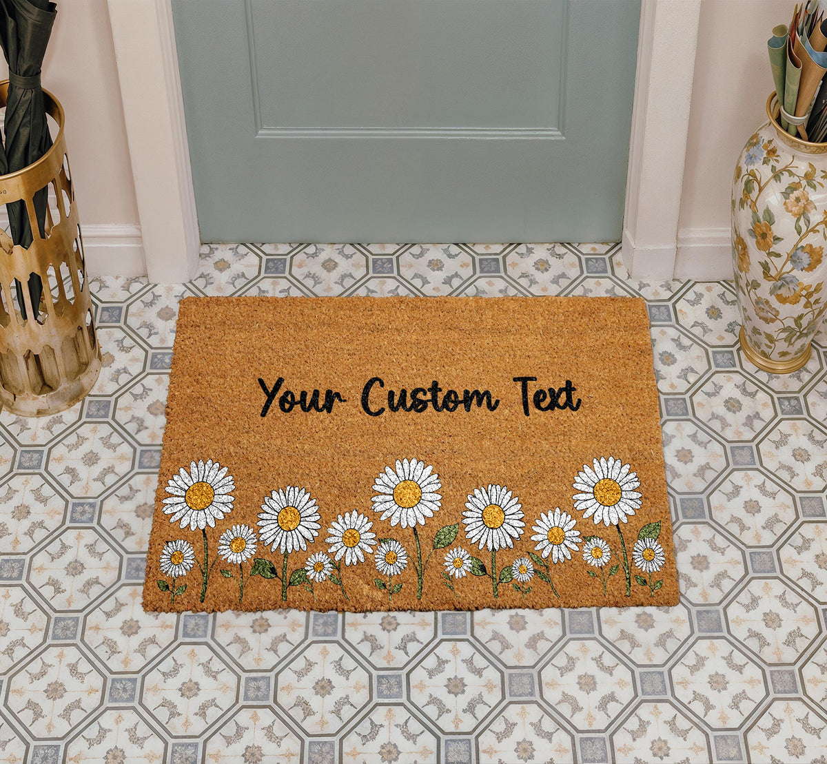 Personalized Daisy Flowers Doormat, Custom Text Welcome Mat, Cute Daisy Floral Home Decor