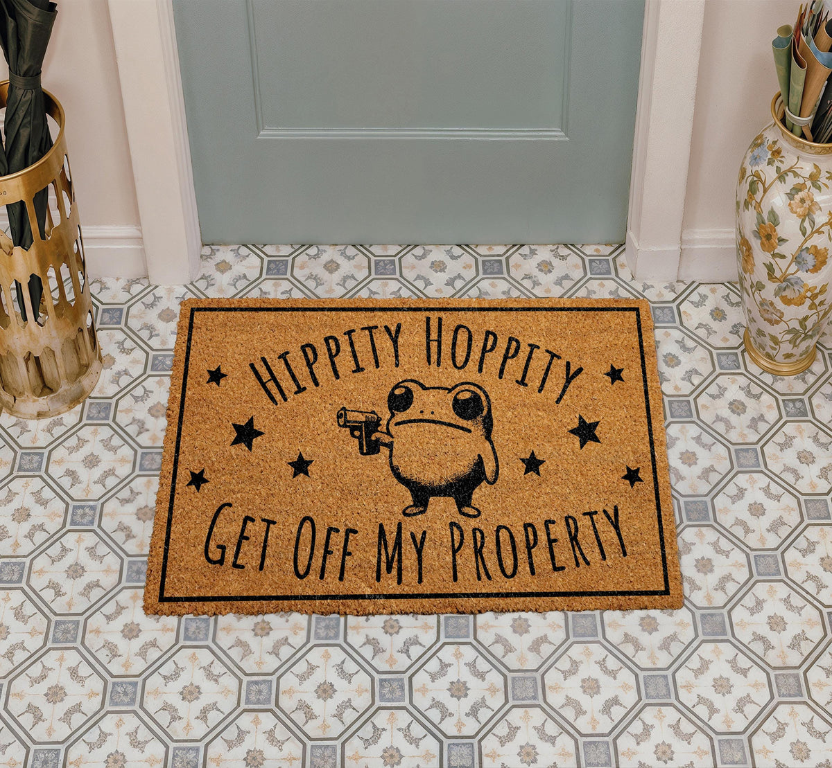 Hippity Hoppity Get Off My Property Doormat, Funny Frog Home Decor, Go Away Coir Mat