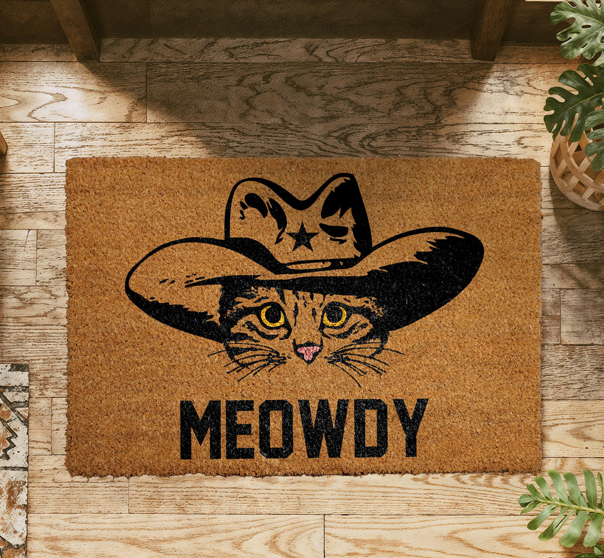 Meowdy Cat Western Doormat, Coir Welcome Rug, Pet Lover Home Decor