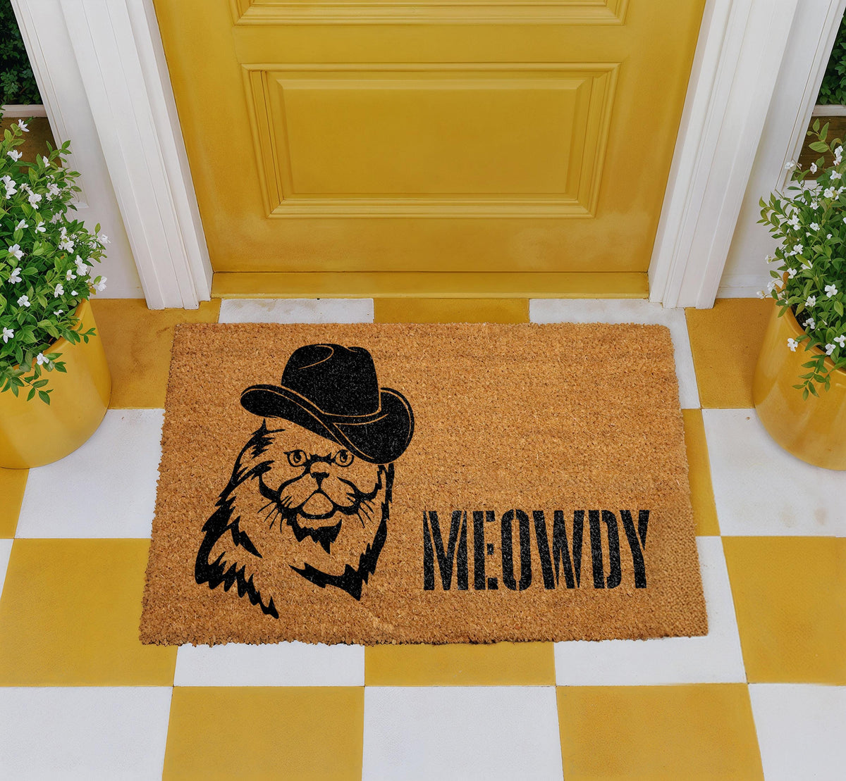 Meowdy Cat Western Doormat, Coir Welcome Rug, Pet Lover Home Decor