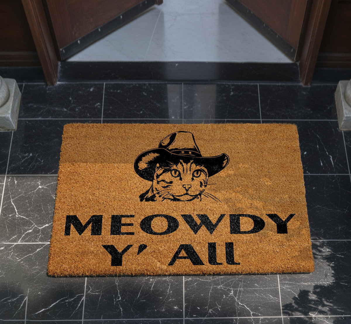 Meowdy Cat Western Doormat, Coir Welcome Rug, Pet Lover Home Decor