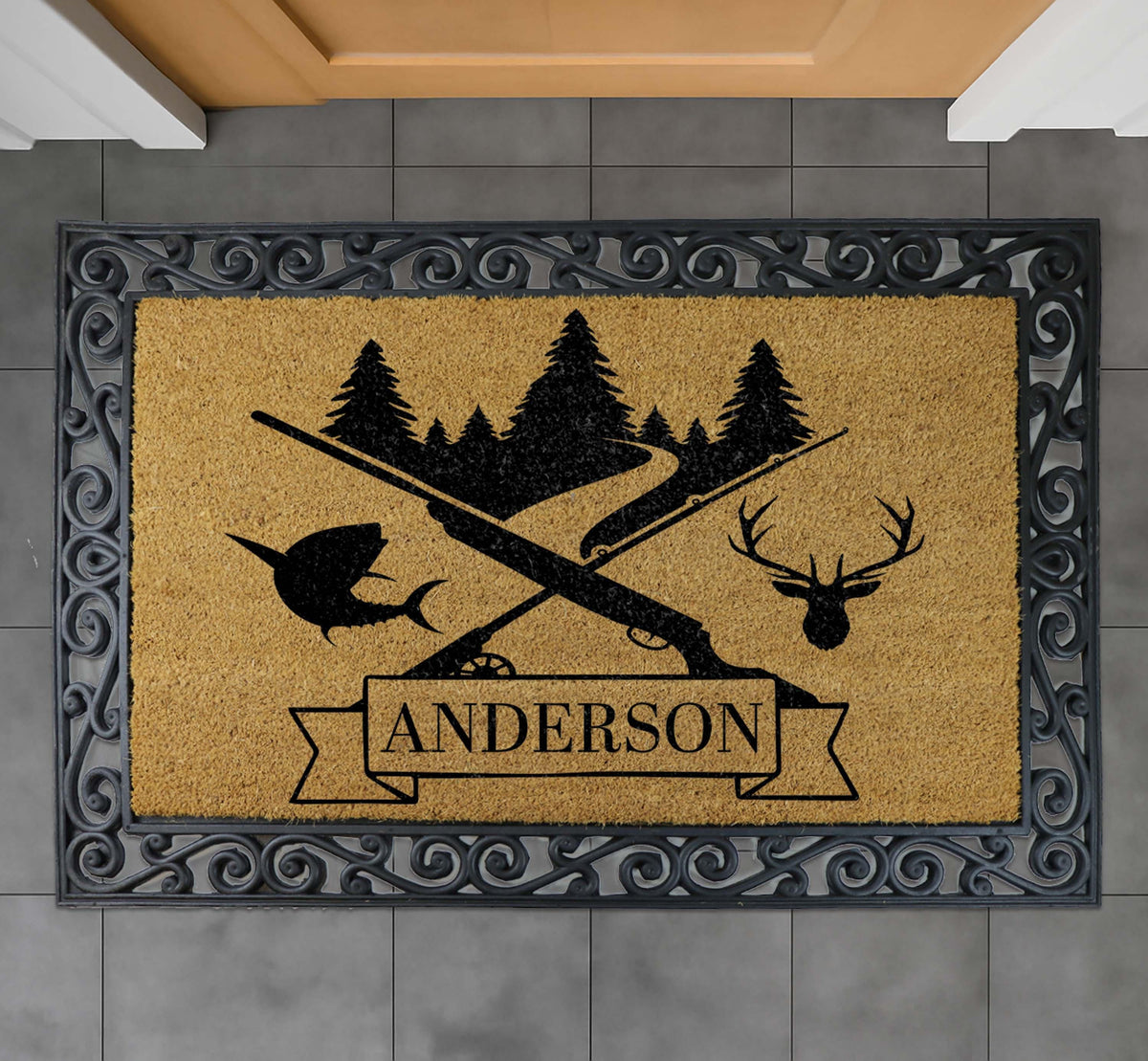 Personalized Hunter Doormat, Custom Last Name Lodge Cabin Welcome Mat