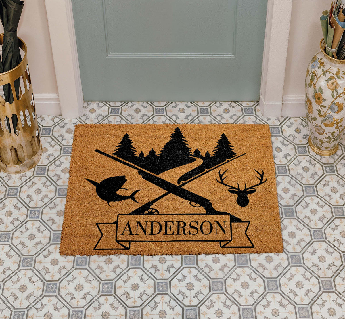 Personalized Hunter Doormat, Custom Last Name Lodge Cabin Welcome Mat