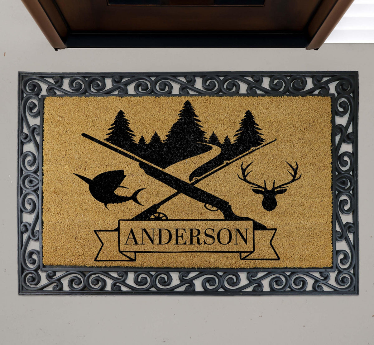 Personalized Hunter Doormat, Custom Last Name Lodge Cabin Welcome Mat