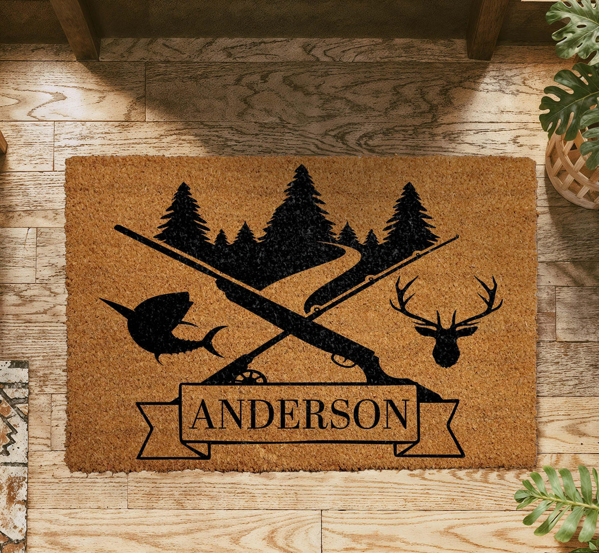 Personalized Hunter Doormat, Custom Last Name Lodge Cabin Welcome Mat