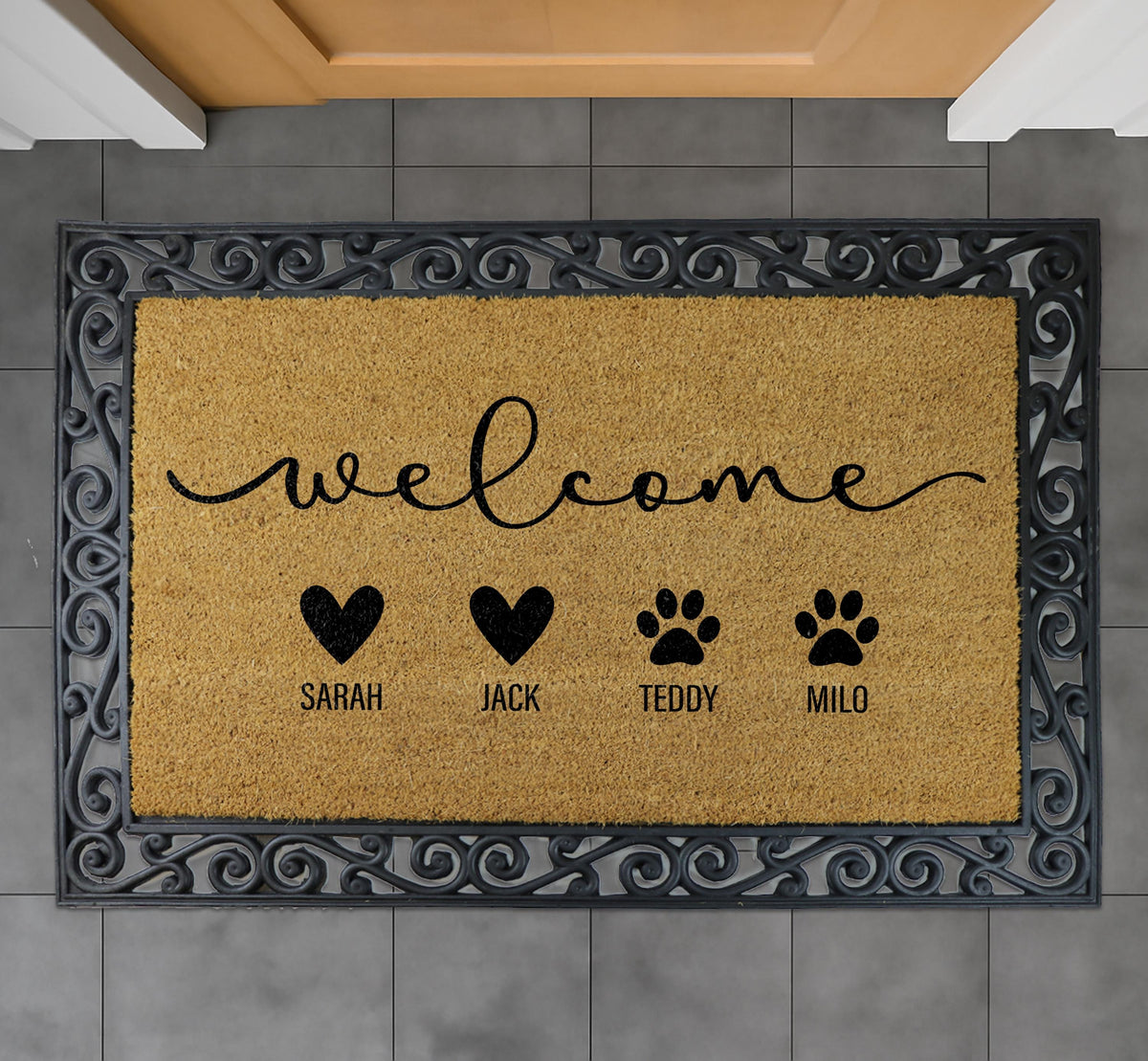 Personalized Family Member Doormat, Custom Names Welcome Mat, Animal Lover Entryway Floor Rug