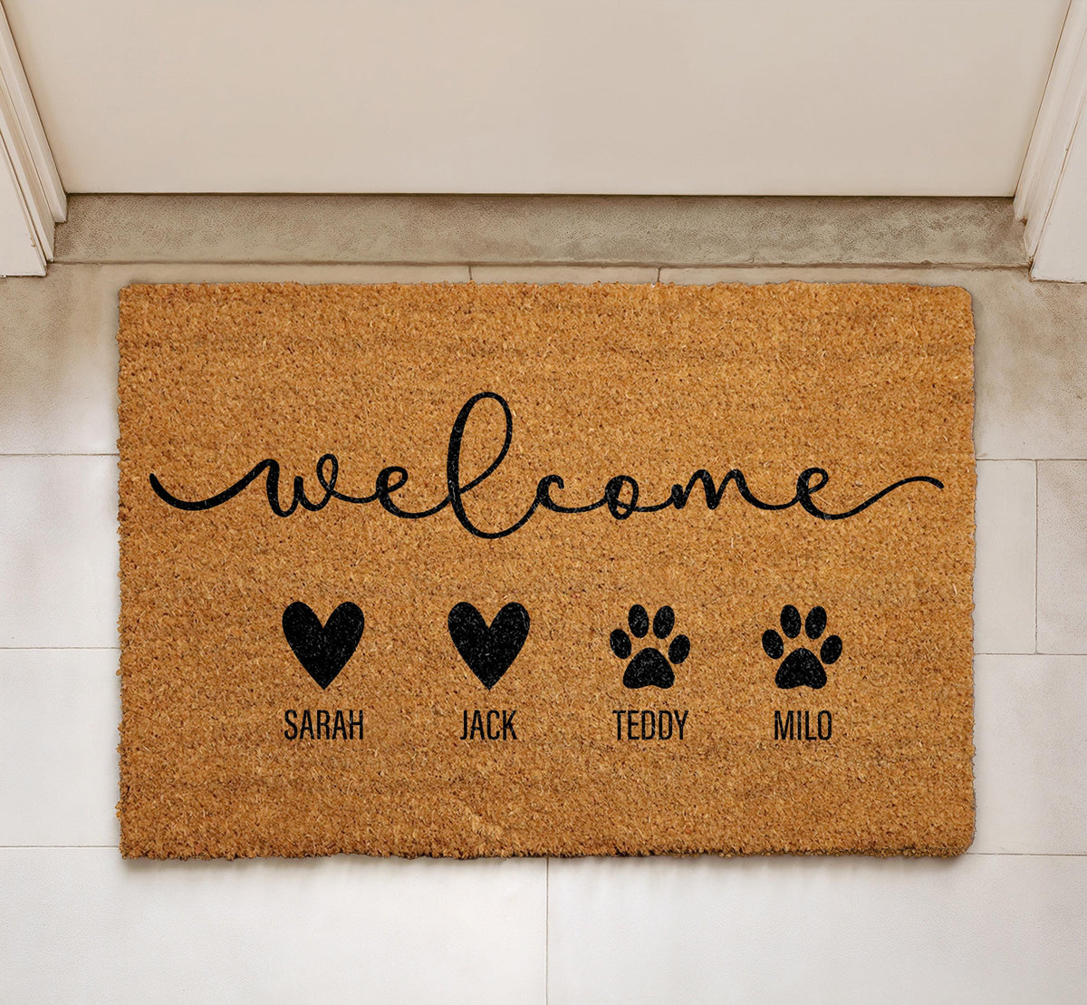 Personalized Family Member Doormat, Custom Names Welcome Mat, Animal Lover Entryway Floor Rug