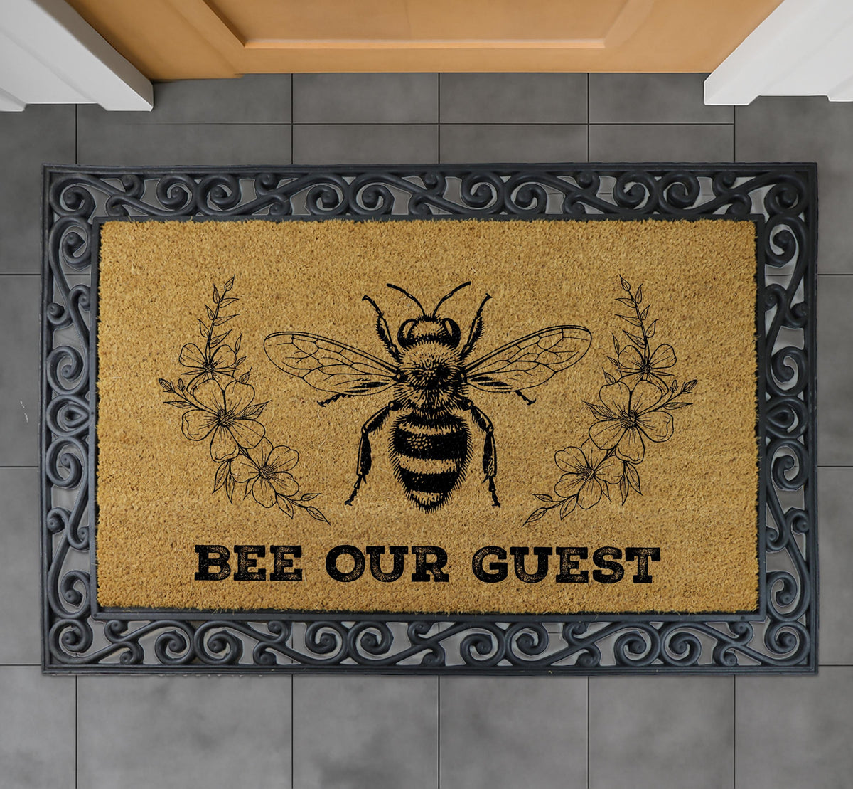 Bee Our Guest Doormat, Natural Coir Entryway Mat, Honey Bee Home Decor