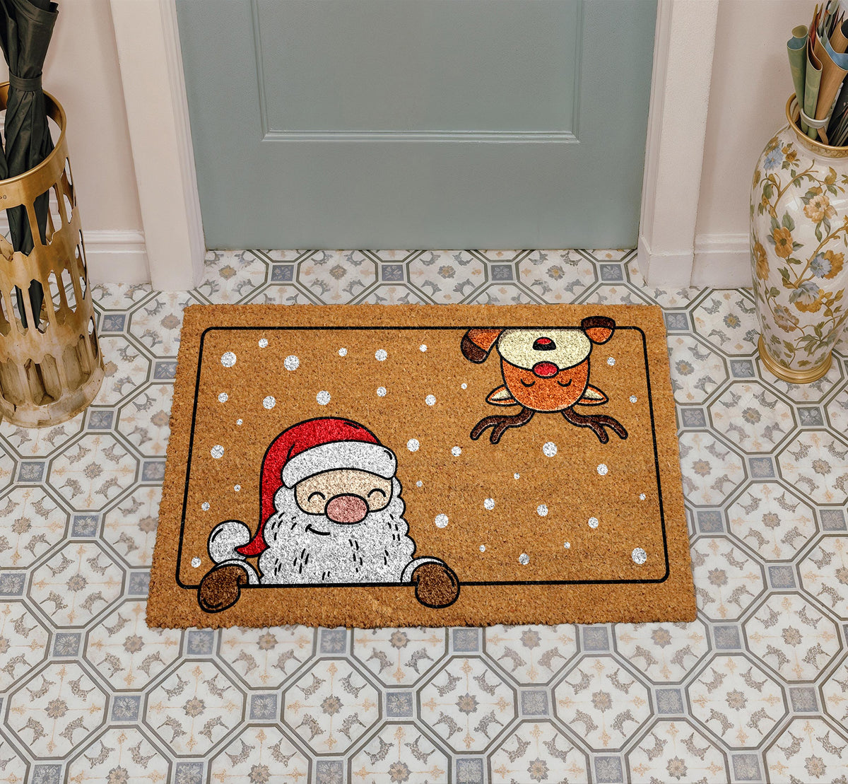 Santa and Reindeer Doormat, Christmas Welcome Mat, Winter Holiday Home Entrance Rug