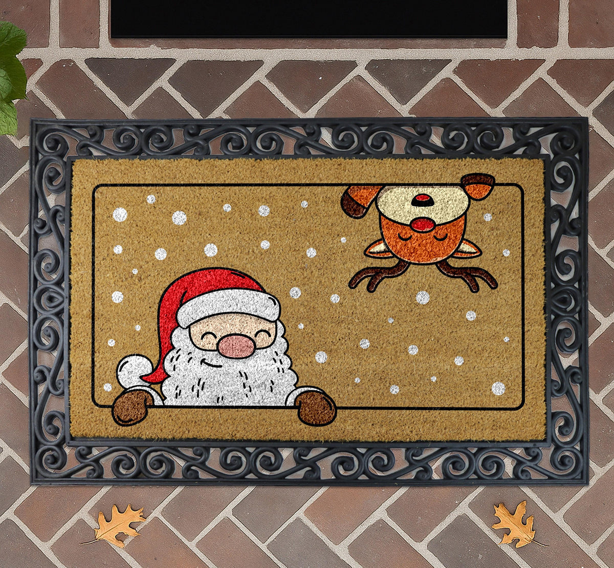 Santa and Reindeer Doormat, Christmas Welcome Mat, Winter Holiday Home Entrance Rug