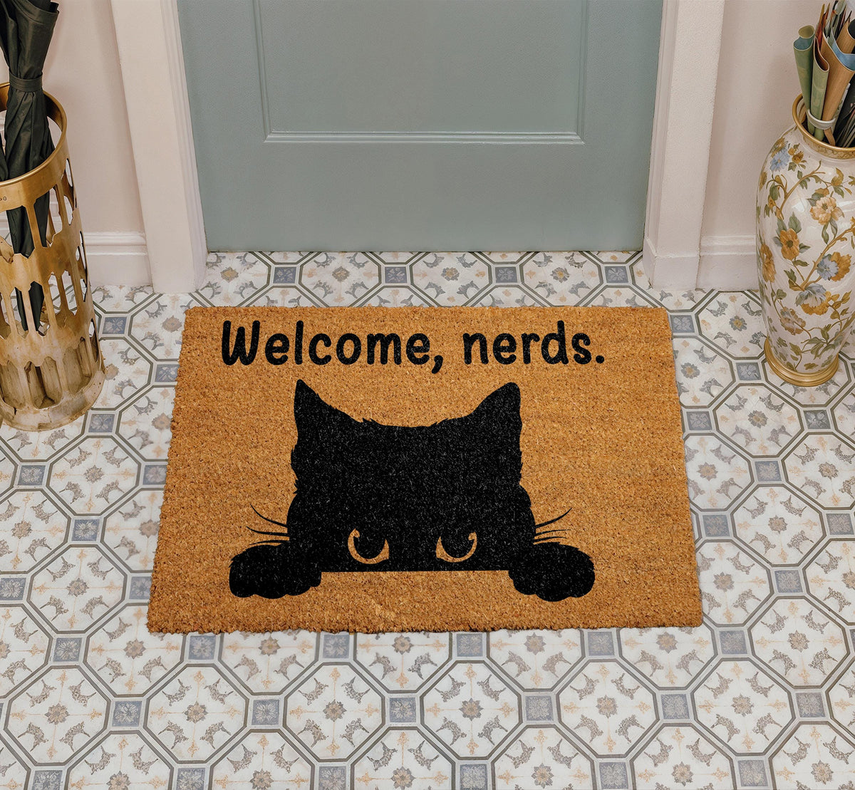Welcome Nerds Doormat, Funny Cat Welcome Mat, Black Cat Lover Home Decor