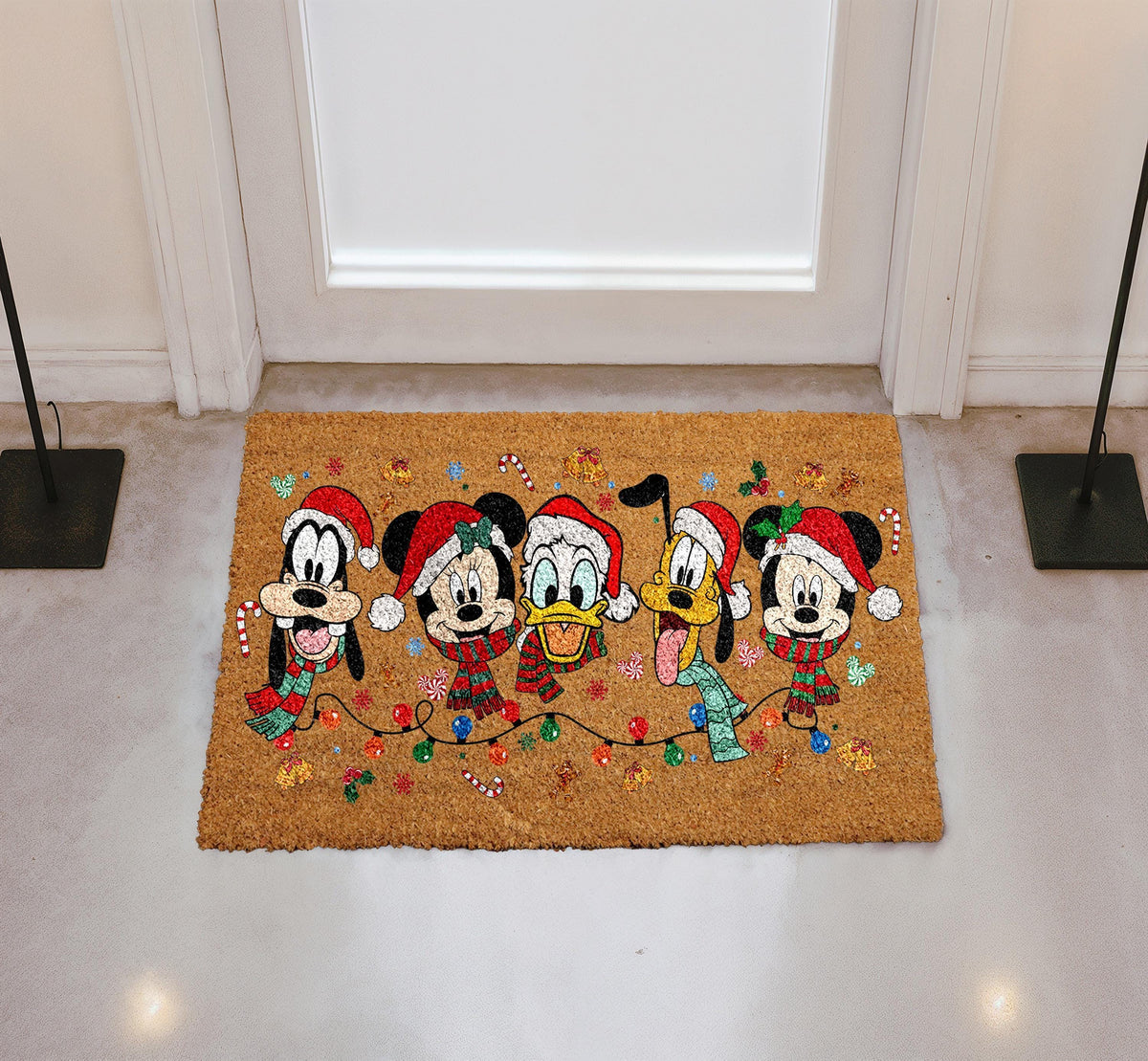 Cartoon Friends Christmas Doormat, Holiday Lights Welcome Mat, Festive Home Decor