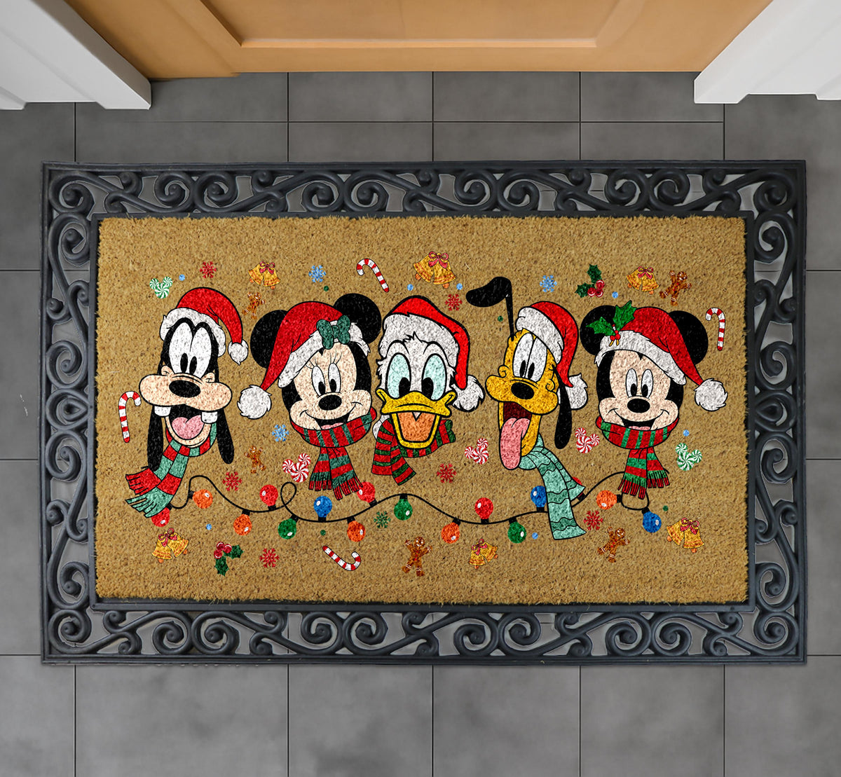 Cartoon Friends Christmas Doormat, Holiday Lights Welcome Mat, Festive Home Decor