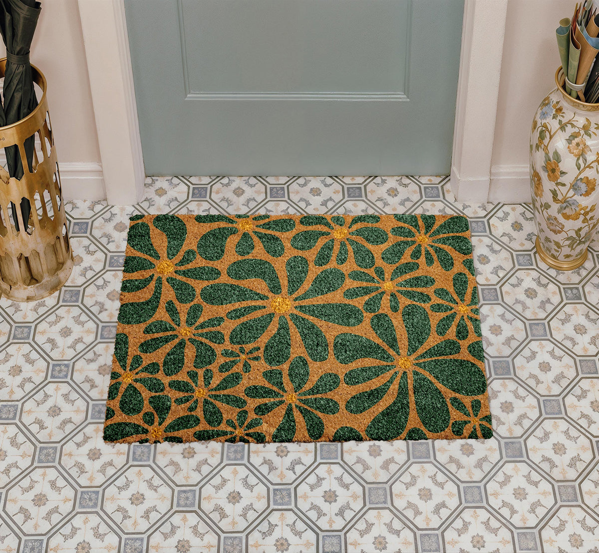 Botanical Pattern Coir Doormat, Floral Entryway Mat, Flower Design Coco Door Mat
