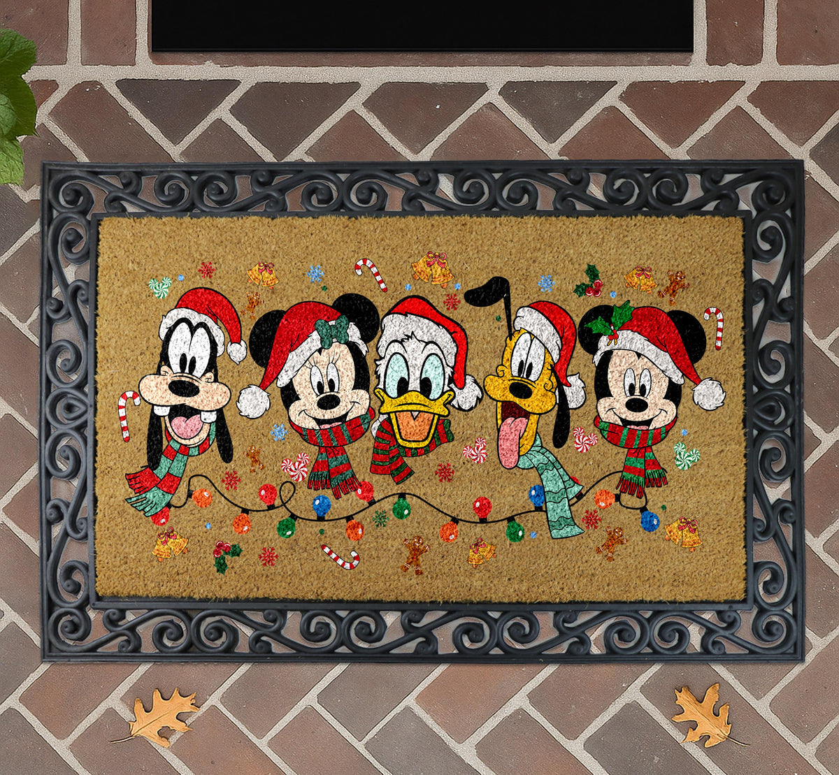 Cartoon Friends Christmas Doormat, Holiday Lights Welcome Mat, Festive Home Decor